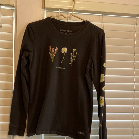 Life Is Good black long sleeve T with daisies. Size M. 100% Cotton. - Picture 2 of 6